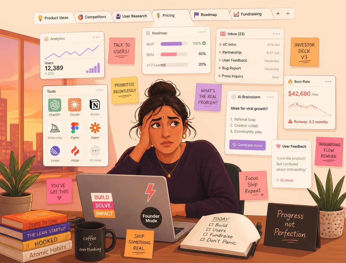 Illustration of a founder overwhelmed by too many AI tools and open tabs