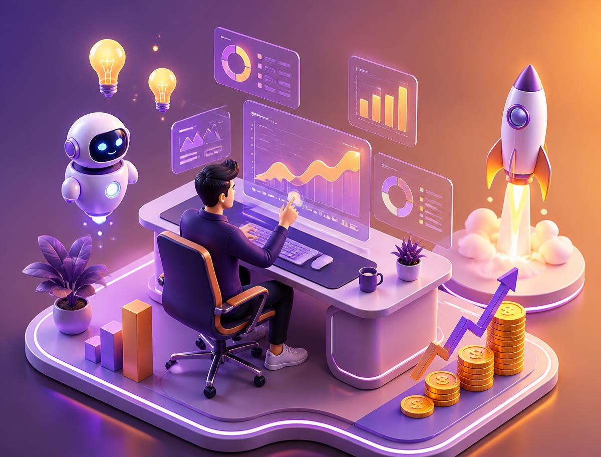 Illustration of the AI Business Kit toolbox with checklists, prompts, and launch tools