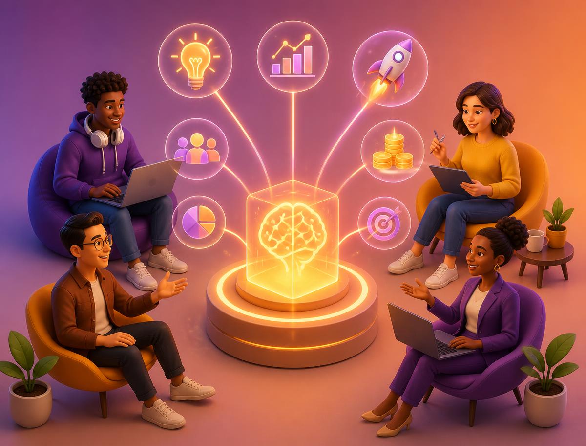 Illustration of diverse entrepreneurs and creators around a glowing AI business hub
